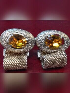 Vintage Cufflinks Dante Amber Brown Faceted Stone Wrap Around Mesh Gold-tone MCM